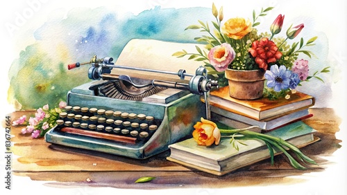Watercolor sketch of a typewriter surrounded by books and flowers, ideal for a day of poetry or prose , typewriter, books, flowers, watercolor, sketch, poetry, prose, writing, literature