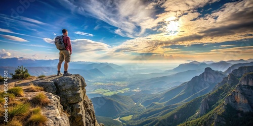Man standing on mountain cliff overlooking vast landscape, adventure, solitude, nature, exploration, rugged, scenery, wilderness, heights, contemplation, majestic, breathtaking, achievement