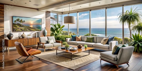 Modern living room with ocean view artwork, plants, and mid-century modern furniture , modern, blue, beige, living room, ocean view, artwork, plants, mid-century modern, furniture