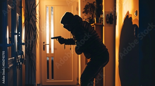 A criminal robber in dark clothing and a mask, attempting to break into a home at night