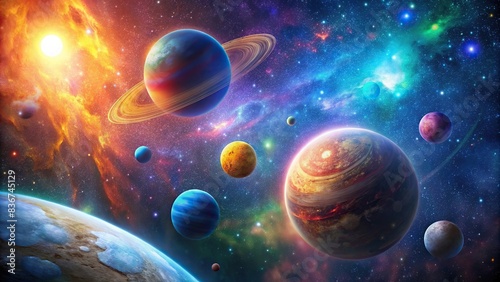 Colorful space scene with multiple planets and stars