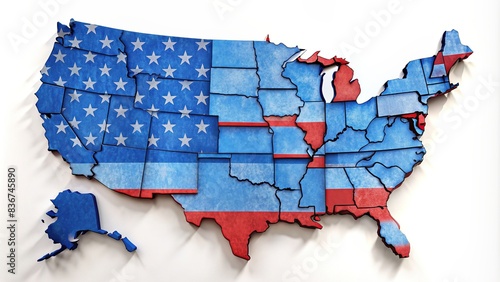 Blue map of USA framed by shapes of 50 states with flag colors