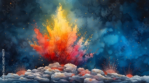  A vivid watercolor scene of a radiant bush engulfed in colorful flames amidst a barren rocky terrain.