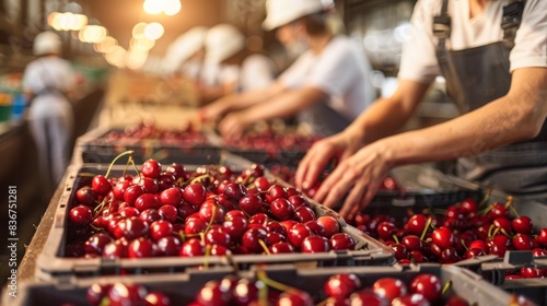 Workers packing cherries into crates, preparing them for shipment in an industrial setting