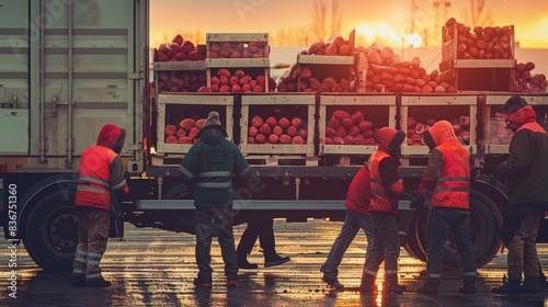 Workers loading crates of hams onto a delivery truck, the scene vibrant with activity and detail