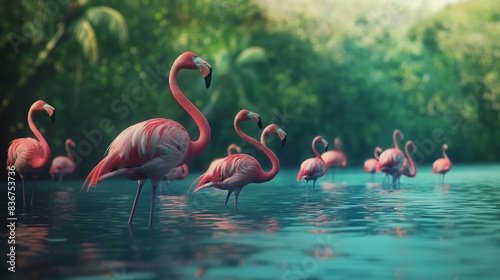 A group of flamingos wading in a shallow lake, their pink plumage contrasting with the blue sky