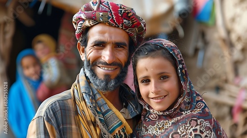 Algerian family. Algeria. Families of the World. A smiling man and a young girl in traditional attire pose in front of a blurry background that hints at a lively, cultural setting . #fotw