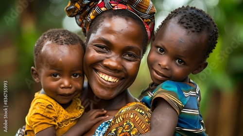 Central African family. Central African Republic. Families of the World. A joyful woman in traditional African attire smiling with two young children in a natural setting. . #fotw