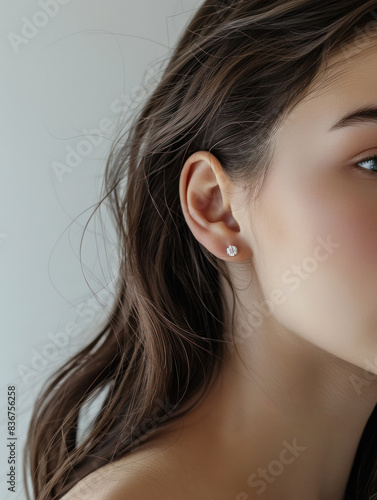 A partial of a beautiful girl with silver earrings, and small white flower stud earring, on the side view, Vertical image, AI-generated