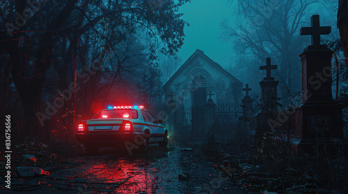 A police car with flashing lights in a foggy, eerie graveyard at night. The scene is atmospheric and suspenseful, perfect for themes of mystery, crime, and horror, AI-generated