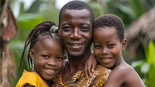Equatorial Guinean family. Equatorial Guinea. Families of the World. A joyful African man smiles warmly with his two children, all looking at the camera with a green natural backdrop. . #fotw