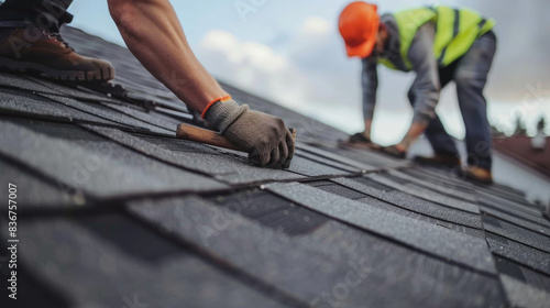 Roofer worker in special protective work wear and gloves, installing asphalt or bitumen shingle on top of the new roof under construction residential building
