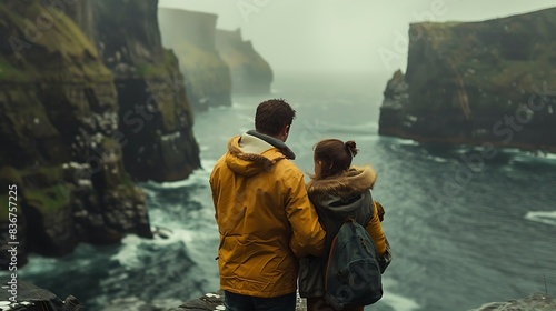 Irish family. Ireland. Families of the World. A couple stands embracing while admiring the misty view of rugged coastal cliffs and turbulent sea. . #fotw