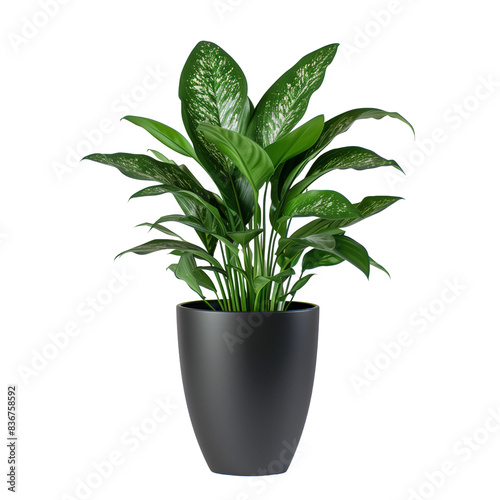 Tall Green Houseplant in Modern Black Planter: A large leafy houseplant in a sleek black planter