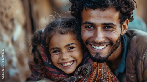 Libyan family. Libya. Families of the World. Warm portrait of a smiling young man with a child, showcasing a close and joyful family moment. . #fotw
