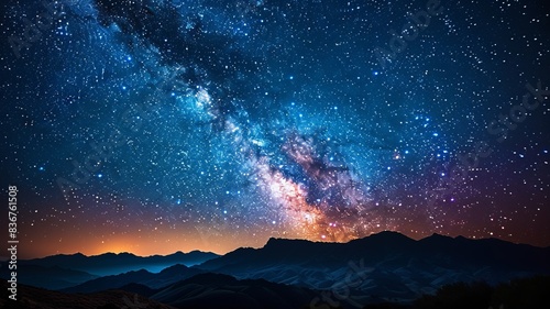 Beautiful night sky with the Milky Way galaxy visible, stars shining brightly over mountains silhouette, showcasing serene natural nightscape.