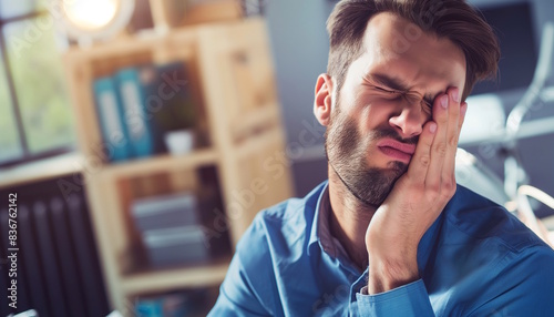 Man in blue shirt experiencing jaw pain. Concept for dental issues and discomfort