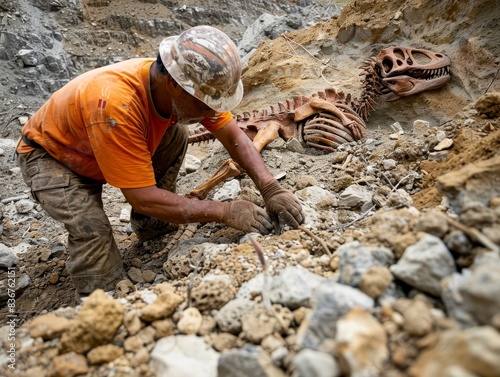 A paleontologist carefully excavating a dinosaur fossil from a rocky terrain, showing the meticulous process of uncovering ancient remains