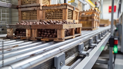 Industrial conveyor belt with crates of chocolate being loaded onto a delivery truck