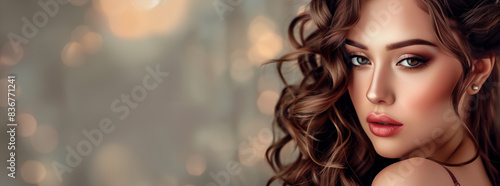 A woman with long brown hair and a makeup look. The image is a close up of her face. Beautiful brunette with wonderfully curled hair and traditional make-up. Face and hair beauty