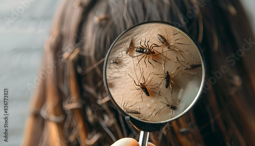 Pediculosis. Woman with lice and nits on grey background, closeup. View through magnifying glass on hair