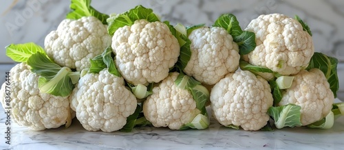Stacked neatly on a clean white surface, a cluster of Fioretto cauliflowers, known as Chinese cauliflower, is displayed to accentuate their unique shape and texture
