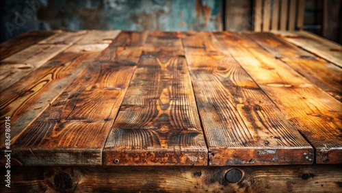 Empty weathered wooden table surface with natural rust and scratches
