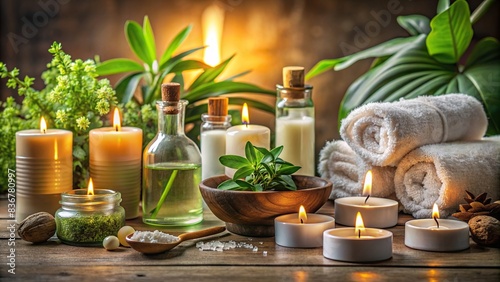 A generative spa still life featuring essential oils, candles, plants, and relaxation items