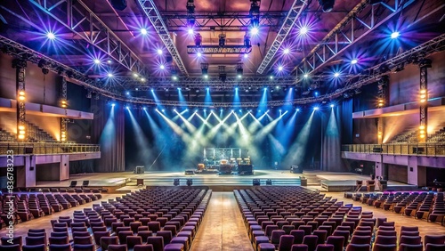 Wide shot of an empty concert venue with stage lights still on