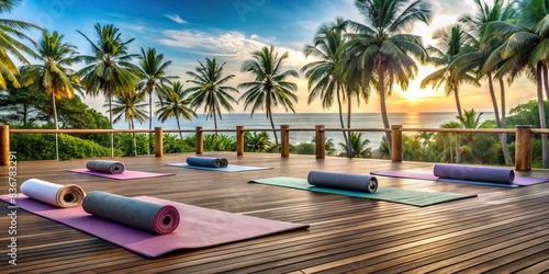 Yoga mats laid out in a circle on a wooden deck with palm trees in the background