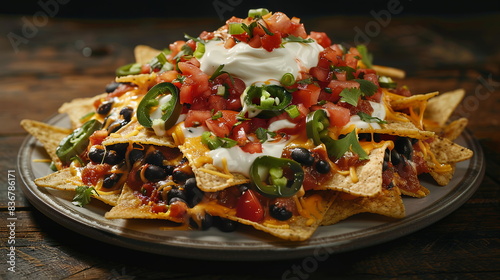 Loaded nachos topped with melted cheese, jalapenos, sour cream, and salsa.
