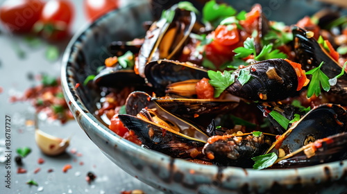 Mussels marinara with garlic, tomatoes, white wine, and parsley in a bowl.