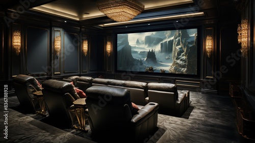A chic home theater with plush seating, a large screen, and an immersive experience 