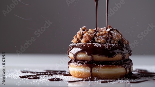 A macro photo showcasing a delicious doughnut being drizzled with chocolate sauce, highlighting the intricate layers and decadent toppings