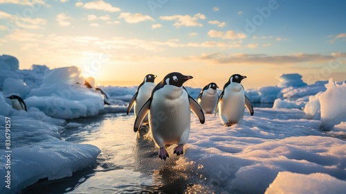 A colony of penguins marching across icy terrain, braving the cold on their journey 