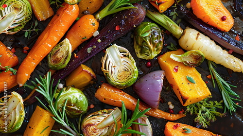 Roasted vegetable platter with carrots, Brussels sprouts, and butternut squash.