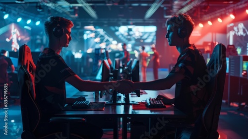 Two esports competitors shake hands before a gaming match, showcasing sportsmanship and respect