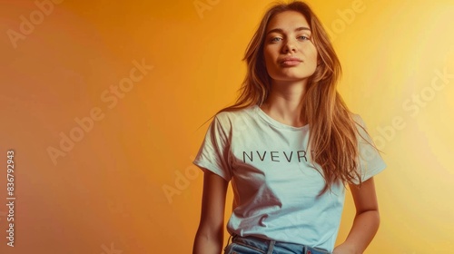 A young woman poses confidently against a bright yellow background, wearing a white t-shirt with the phrase Never Give Up printed on it