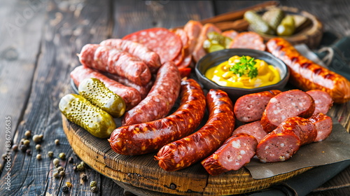 Smoked sausage platter with a variety of sausages, mustard, and pickles.