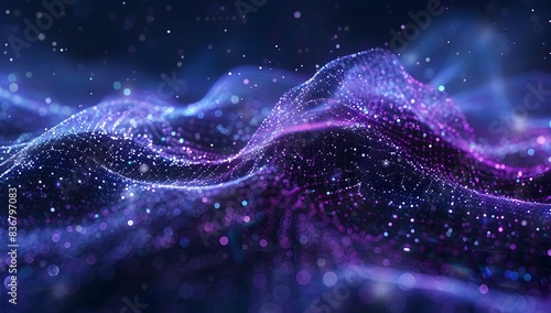Abstract purple wave of dots and lines on dark blue background, digital technology concept with flowing particles for presentation or wallpaper design 