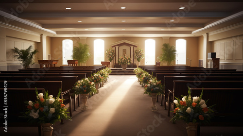 Sunlit Funeral Chapel with Flower Arrangements and Pews