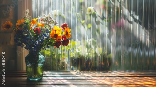 Bouquet of pink lilies in glass vase on wooden table.