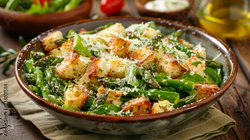 Asparagus Caesar Salad. Fresh asparagus and crouton salad with grated cheese in a bowl