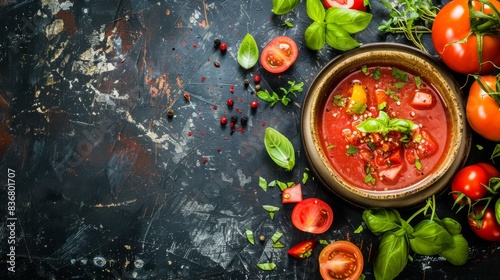 Traditional Spanish and Portuguese gazpacho soup on rustic background