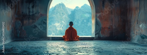 Buddhist monk meditating in a serene temple, practicing ancient rituals with respect. The concepts of Buddhism, meditation, tranquility, ancient rituals, reverence.