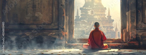 Buddhist monk meditating in a serene temple, practicing ancient rituals with respect. The concepts of Buddhism, meditation, tranquility, ancient rituals, reverence.