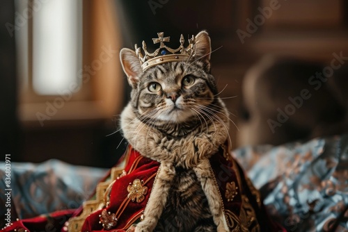 Regal cat adorned in a luxurious king's attire, including a shimmering crown, radiates royal grace against a blurred home setting