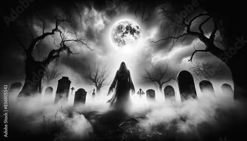 Creepy ghost emerging from thick fog in a creepy abandoned cemetery with an ancient grave at night under the moon and clouds