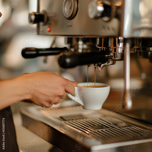 Barista brewing espresso with a professional coffee machine in the cafe, close-up of the hands