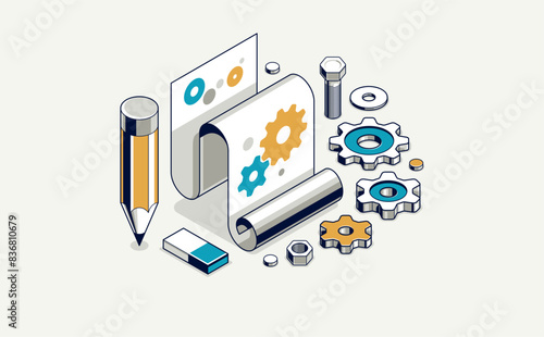 Mechanical engineering project concept, engine draft plan drawing, technical scheme blueprint, paper sheet with gears and pencil 3D isometric vector illustration, repair tutorial.
